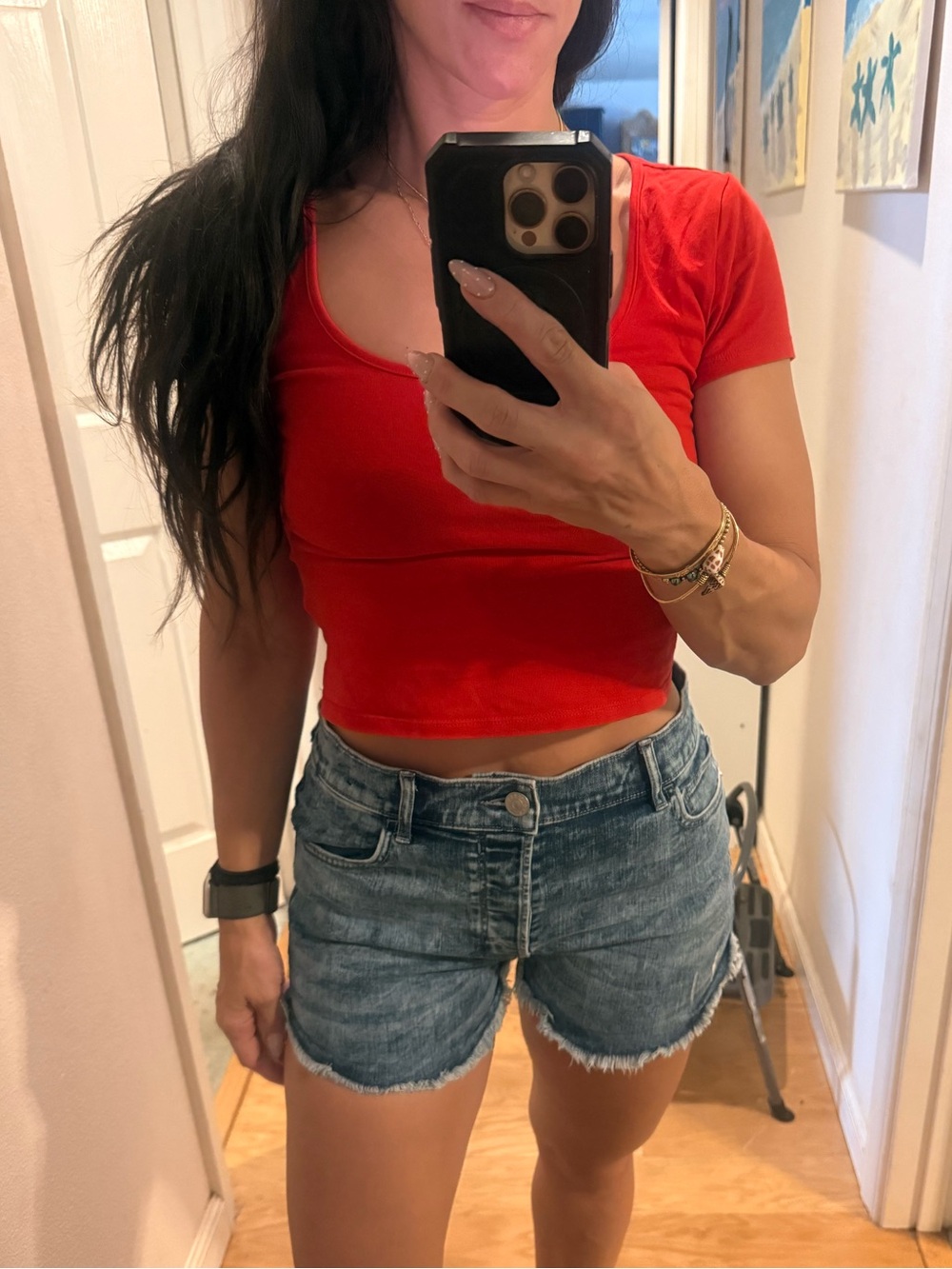 Express Distressed Light Blue Denim Cutoff Midi High Rise Shorts